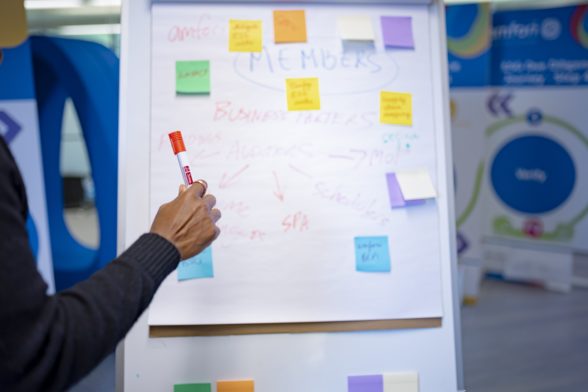 Someone stands with a marker in front of a flipchart with writing and post-its.